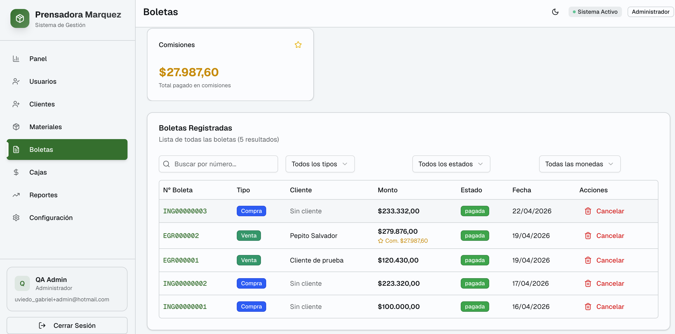 Historial de boletas
