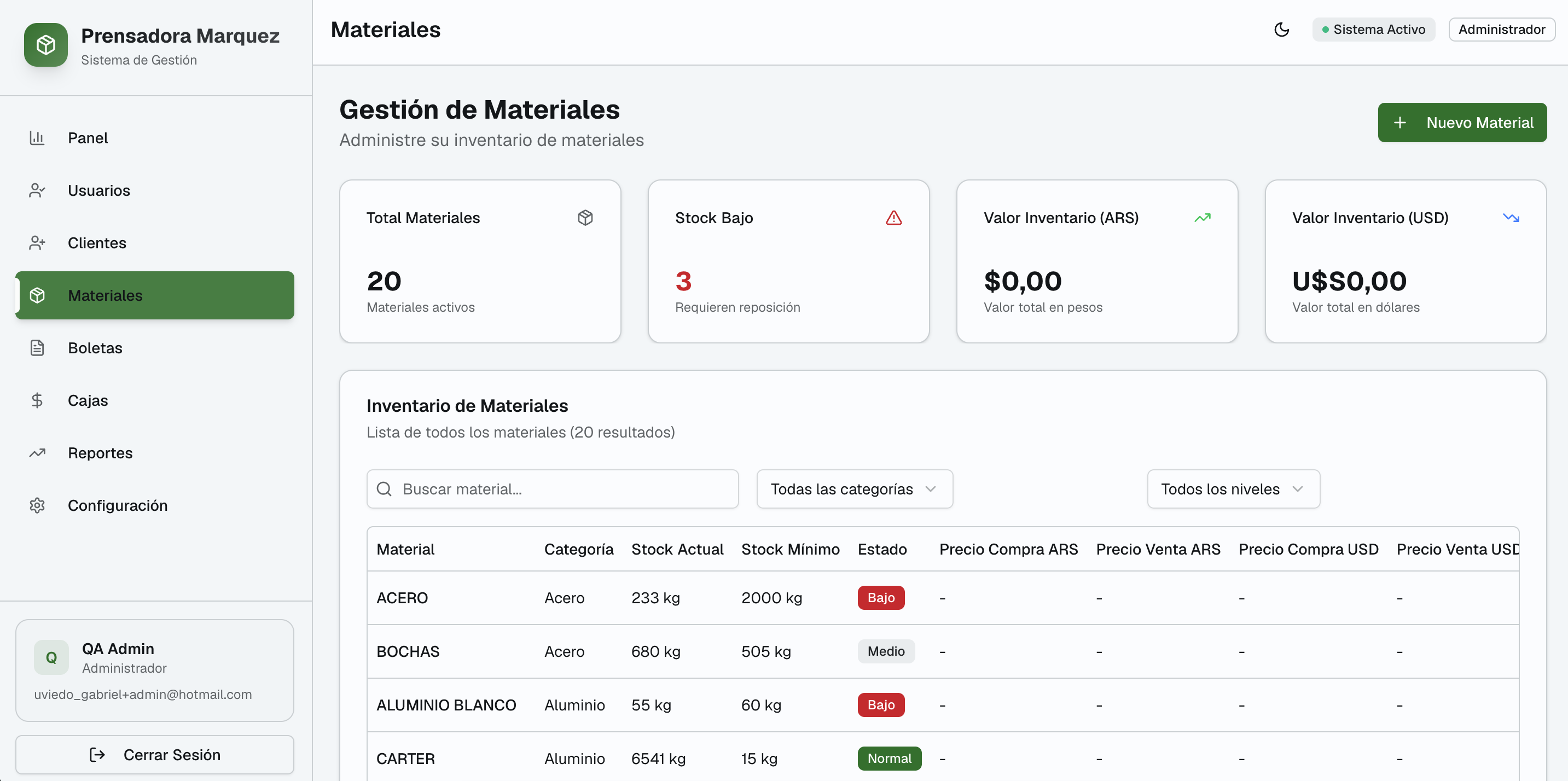 Materiales e inventario